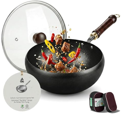 rialgirw Wok in ghisa giapponese – Pentola per cucina salutare senza rivestimento, con coperchio; padella antiaderente e salutare, martellata a mano, Made in Japan (Smooth Surface + Glass Lid,10.2'')