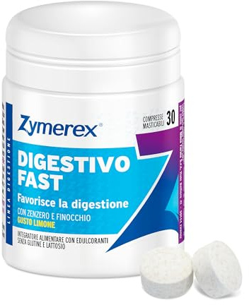 Zymerex DIGESTIVO FAST - 50 compresse masticabili - Gusto limone | Digestivo Con Finocchio e Zenzero, Contrasta la nausea, Assumere dopo i pasti, Senza glutine e lattosio, Adatto a vegani