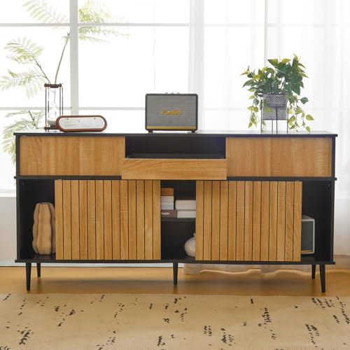 Hennhari Buffet 160×40×80 Cm avec 4 Portes Coulissantes, Commode De Rangement avec 1 Tiroir, Meuble Bas De Rangement Adapté pour Salon, Chambre À Coucher, Salle À Manger Et Cuisine (Noir + Naturel)