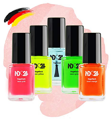 Neon Nagellack Set - 4 Farben - Pink Orange Gelb Grün + Top Coat Klar - Made In Germany (4 x 12ml)
