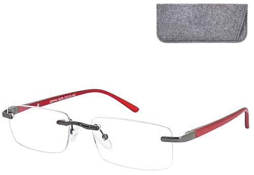 Lunettes de lecture sans monture rectangulaires en acier avec étui gris | Verres clairs 53 × 30 mm, plaquettes réglables et largeur 136 mm pour vos lectures quotidiennes.