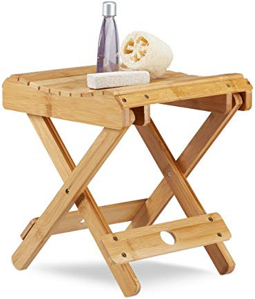 Relaxdays Bambu pall, vikbar, badrumsdekoration, fukttålig, badrumspall H x B x D 31,5 x 27,5 x 28,5 cm, natur