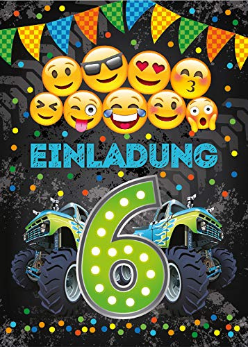 Junaversum 12 Einladungskarten zum 6. Kindergeburtstag Jungen Junge coole bunte Einladungen sechte Geburtstag Kinder Monster-Truck Auto