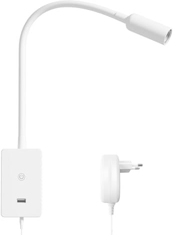 ENUOTEK Lampada da Lettura a Luce Dimmerabile a LED, Applique Lettura Letto LED 4000K Bianca Neutra, Lampada da Lettura a Collo di Cigno da 4W, Lampada da Letto con Porta di Ricarica USB da 2A
