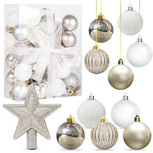 Decoracion de Bolas Arbol de Navidad Blanco Oro 3CM, 30 pcs, Mini Adornos, Esferas de Plastico, Regalos Colgantes