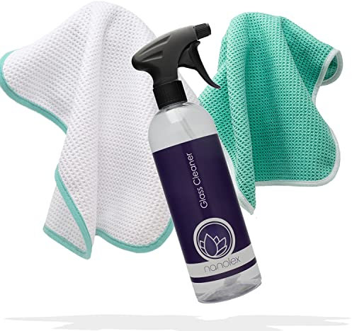 detailmate Kit de nettoyage pour vitres de voiture - Nettoyant pour vitres 750 ml avec deux chiffons gaufrés en microfibre 450 g/m² 35 x 35 cm - Kit de nettoyage avec chiffons en microfibre