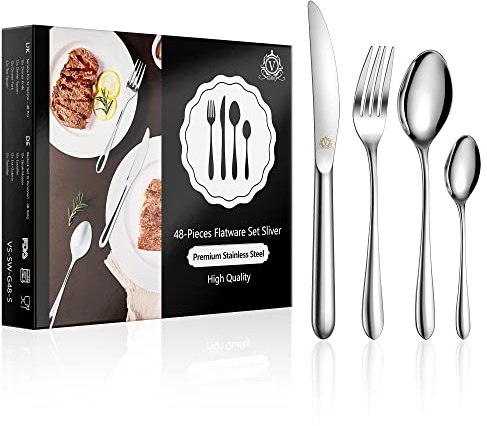 vancasso Cutlery Set 48 Piece, Food-Grade Stainless Steel Silverware Cutlery Set for 12 People, Elegant Flatware Set Include Knives/Spoons/Forks, Silverware Set Ideal for Home/Party/Restaurant