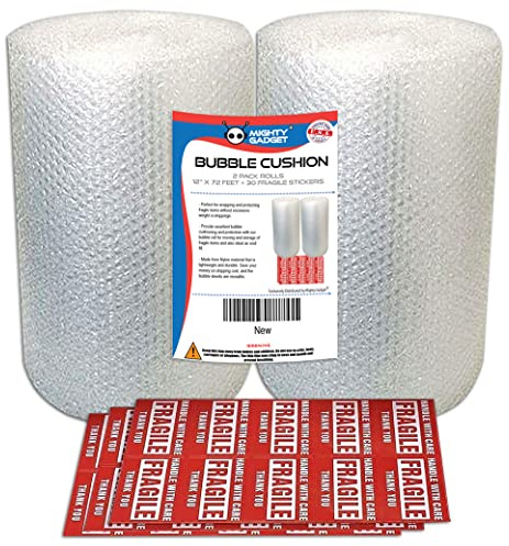 Bubble Cushioning Wrap Rolls by Mighty Gadget - 2-Pack, 12x72' Total, Clear & Transparent, Perforated 12, Air Cushioning, Free Fragile Stickers, Moving, Shipping, Protective Packaging