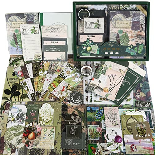 OFFIGIFT Scrapbooking Supplies Kit, Vintage Aesthetic Scrapbook Kit, Junk Journal Supplies with Scrapbooking Paper A6 Grid Notebook, Journaling Supplies, Birthday Craft Gift for Adult, Botanical