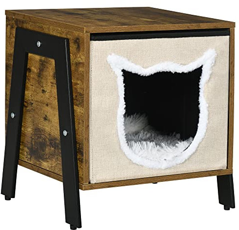 PawHut Katzenhaus Katzenhöhle mit Kissen, Katzenhütte mit Verstellbarer Fuß, Katzenbett für Katzen bis 5 kg, Stahl, Leinen, 41 x 34 x 43,5 cm, Rustikal-Braun