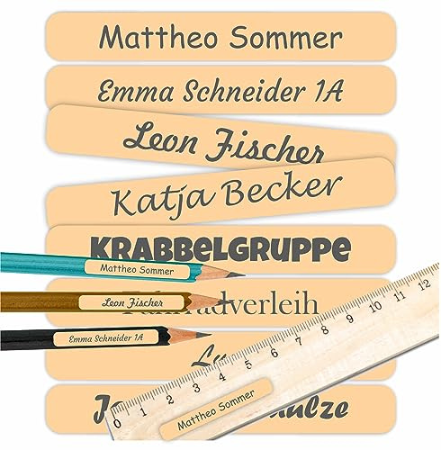 INDIGOS UG Namensaufkleber Kinder Schule 51x7mm - sand - Namensschilder selbst gestalten mit Namen für Schulsachen - individuell personalisiert - wasserfest für die Spülmaschine - 150 Sticker