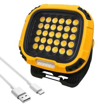 Trongle 50W LED Rechargeable Work Light, 5200LM USB Battery Security Light Portable Light Outdoor Waterproof, COB Floodlight Super Bright with Magnetic Holder, for Garage Hiking Fishing Yard - Yellow