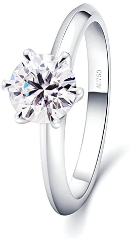 Lieson Verlobungsring Damen, Damen Ring Weißgold 750 18K Poliert Solitär 6 Zinken Rund Moissanit mit 1ct Freundschaftsringe Weißgold Große 47 (15.0)