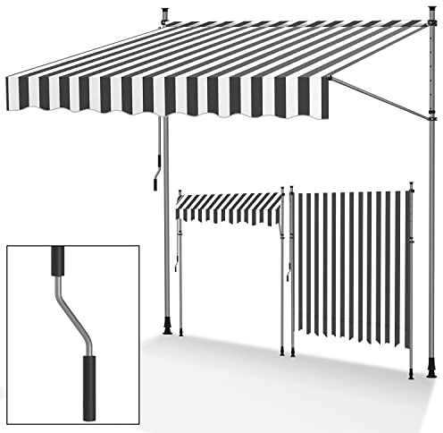 Tubiaz Klemmmarkise Balkon ohne Bohren, 300cm breit mit Handkurbel, Höhenverstellbar, UV-beständig und wasserdicht, Weiß-grau