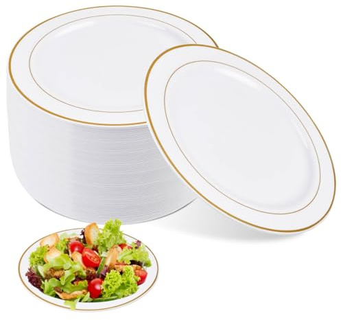 Plastic Plates with Gold Rim, 26cm / 10 inch Gold Party Plates,40 Pcs | Unbreakable Dinner Plate Round Dessert Plate Set for Weeding Picnic BBQ, Parties Catering