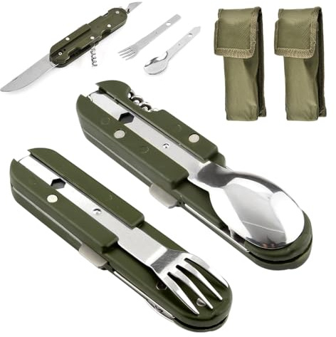KUWUNG Vaisselle Pliante en Acier Inoxydable 5 en 1, 2 Pièces Outils de Camping en Plein Air, Couvert Multifonction Amovible, pour la Randonnée en Plein Air Pique-Nique Voyage