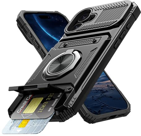 Coolden for iPhone 16 Case with Card Holder [Max 2 Cards] Ring Holder Kickstand Armor Shockproof Military Grade Dual Layer Heavy Duty Protective Case Wallet Case Cover for iPhone 16 Phone Case-Black