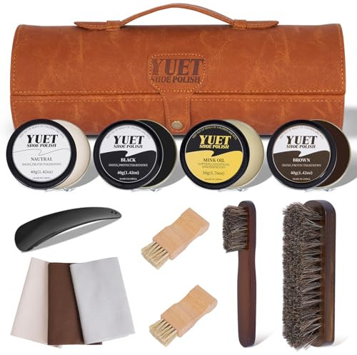YUET Shoe Polish Kit Cleaning Shine Care Barrel Set For Brown Black Leather With Brush Travel Case Luxury Premium Soft Horsehair Bristle Dauber, Wooden Applicator, Shoehorn, Case 13Pcs (Brown)