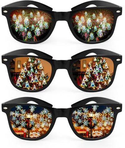 3STK Diffraction Glasses Weihnachtsbrille, mit 3D Weihnachtsbaum Schneeflocken Schneemann Effekt, Partybrille Lustige Brillen Rave Brille für Erwachsene Kinder für Nacht EDM Feuerwerk Weihnachtsparty