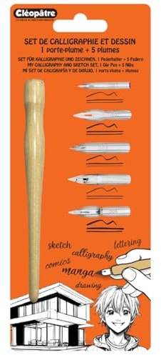 CLEOPATRE - Portaplumas con 5 plumas para Caligrafía y Dibujo - Aplicación de tinta para Manga, Ilustraciones, Comics, Lettering, Escritura - Acero Inoxidable