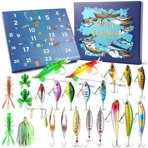 Fiskedrag kit 24 st, fiskegåvor för män fiskedrag med skedar spigg tryckare vevbete, fisketillbehör alla hjärtans dag present till män make pojkvänner
