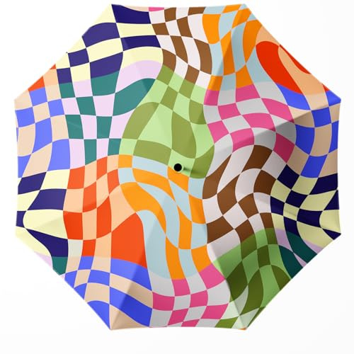 WSZYNDF Retro Multicolored Checkered Small Travel Automatic Colorful Block Pattern Folding Umbrella for Girl and Women, Rain and Wind, Portable Compact UV Sun Shade