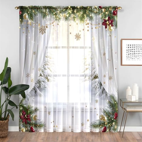 Odot Weihnachten Halbtransparente Vorhänge, 3D Drucken Voile Vorhang Stangentasche Gardinen Vorhang Ösenvorhang 2 Stück Fensterschal Vorhänge Fenster (W 132 x H 160cm,Tannenblätter D)