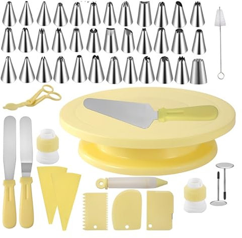WMHHLS Rotating Cake Turntable 52Pcs Cake Decorating Tools Kit Pastry Turntable Kit Piping Nozzle Piping Bag Set Rotating Stand Baking Tools Accessories Cake Plate Rotatable(Yellow)