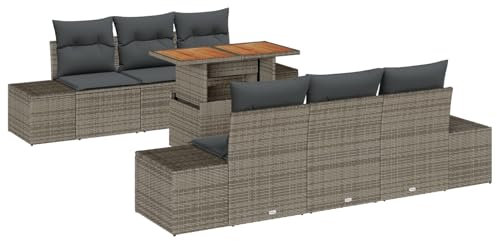 vidaXL 7-delad trädgårdsoffagrupp med kuddar Grå Poly Rattan och Akaciaträbord Utomhus Lounge Matmöbler för Patio Balkonger Däck Sittande Modulär UV-resistent Rektangulär.