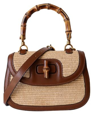 Women's Handmade Straw Tote Handbags，Genuine Leather+Straw Woven Bamboo Top Handle Satchel Crossbody Bag