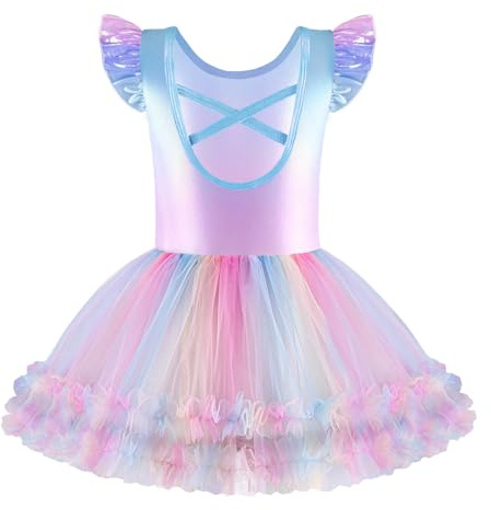 Zaclotre Ballet Leotards for Girls Ruffle Sleeve Criss-Cross Back Dance Leotard Toddler Tutu Dance Dresses Kids Ballerina Costume Rainbow