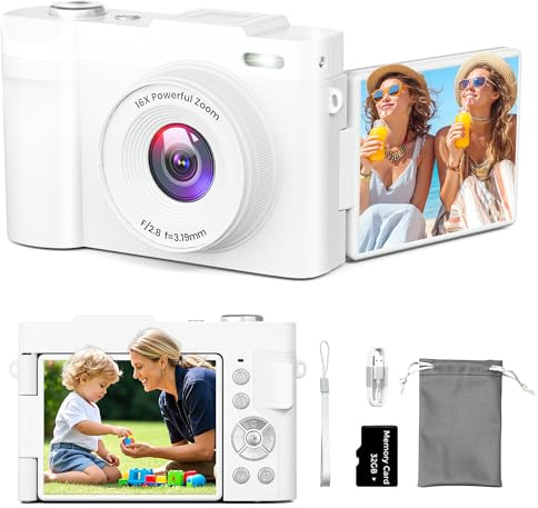 Fotocamera digitale 4K per fotografia, piccola fotocamera per vlogging con schermo flip per YouTube, zoom 16X da 50 MP, fotocamere portatili da viaggio con scheda SD da 32 GB per principianti (bianco)