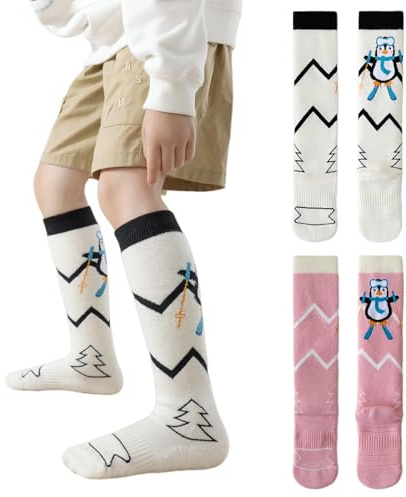 Vihir 2 pares de calcetines de esquí para niños con lana de oveja, resistentes y duraderos, regulan la humedad, transpirables, hipoalergénicos, pingüinos 30-35, Rosa., 30-35