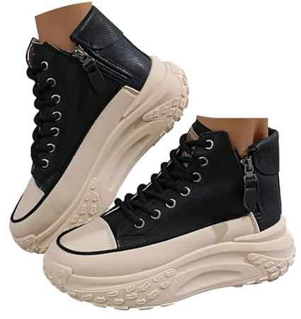 Xbemkste fritidsskor, dam, höga toppar, platåskor med dragkedja, snygga snörskor, bekväma promenadskor, sneakers, damskor med platå, svart, 40.5 EU