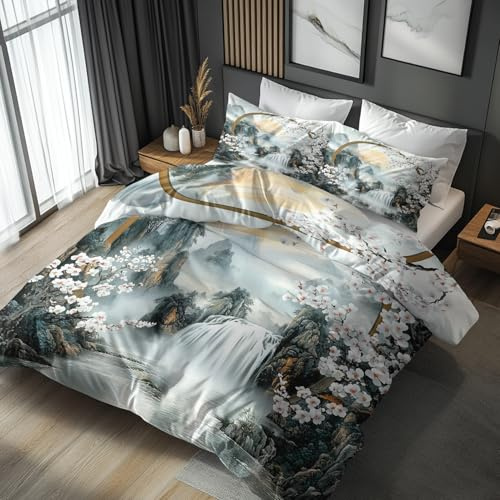 Generisch 140x200 Bettwäsche Japanisch Bettbezug - 2tlg, 1 Kissenbezug 70x90, Wasserfall Landschaft Muster, Schlafzimmer Deko, Weiche Mikrofaser Wendebettwäsche mit Reißverschluss - OC146