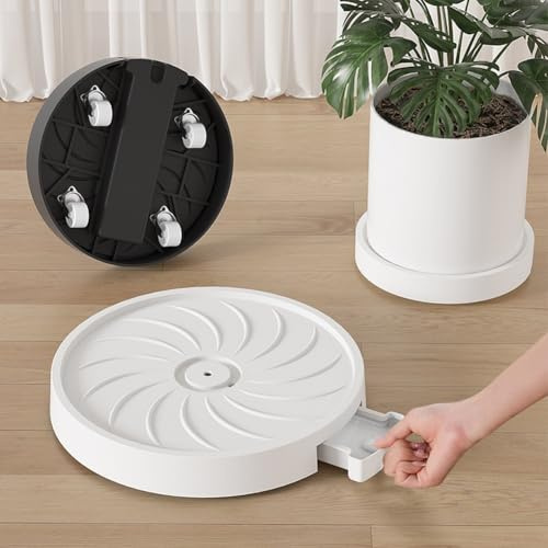 Portavaso con ruote, 38 cm, vassoio a rullo con ruote girevoli, movimento per interni, per piante grandi, foro di drenaggio per l'acqua, rotondo, grigio bianco, nero (bianco)