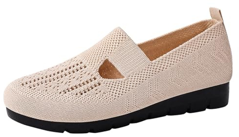 Båtsko dam - ballerina dam bekväma hemmaskor skor andningsbara sneakers ihåliga mesh övre skor slip-on sko mjuk sula sneaker höst ballerina, Beige färg, 43 EU
