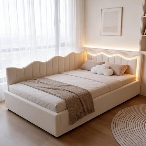 BRILVERDE Bäddsoffa för enkelsäng, 90 x 200 med LED-ljus, fåtölj med hydraulisk behållare, säng med sänggavel, sängstomme med ribbotten, sammet (beige, 90 x 200 cm)