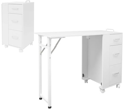 GramStudio Table de manucure avec 3 tiroirs - Mallette à ongles avec roulettes - Chariot de maquillage pliable - Bureau pour salons de manucure et de beauté