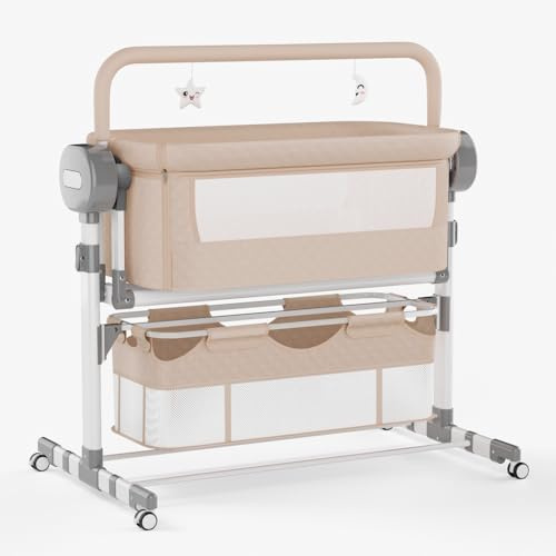 Höhenverstellbares Beistellbett mit elektrischer Schaukelfunktion, Khaki | Elektrische Wiegefunktion, praktische Rollen, hochwertige Matratze im Lieferumfang enthalten