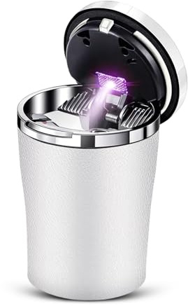Chingde Cenicero Coche, Cenicero con Tapa Absorbe Humo, Luz LED Automática, Sellada, Ignífuga, Alta Resistencia Térmica, Gran Capacidad, Desmontable, Fácil de Limpiar (Blanco)
