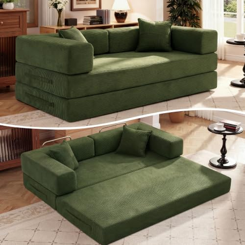 Vipbear Schlafsofa 200cm Breit,5-in-1 Faltbares Boneless Couch Grün | Bodensofa Bed Cordstoff 3er mit Schlaffunktion,Klappsofa Gästebett mit Armlehnen & Rückenkissen,Metallrahmen,ohne Montage