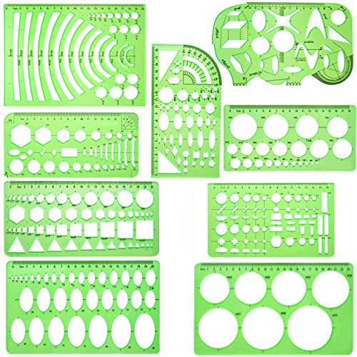QISF Juego de 9 plantillas de dibujo geométricas | plantilla de elipses | plantilla de círculo | Reglas de color verde claro | Reglas de medición para dibujo digital para oficina, escuela, edificio