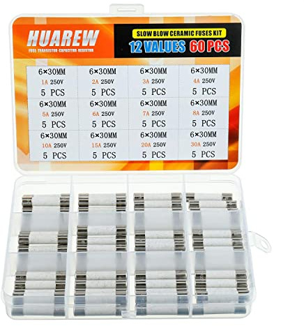 HUAREW 12 Werte 60 Stück 6x30 mm 1A 2A 3A 4A 5A 6A 7A 8A 10A 15A 20A 30A 250 V Slow Blow Keramikrohr sicherungen Klassifizierungs kit