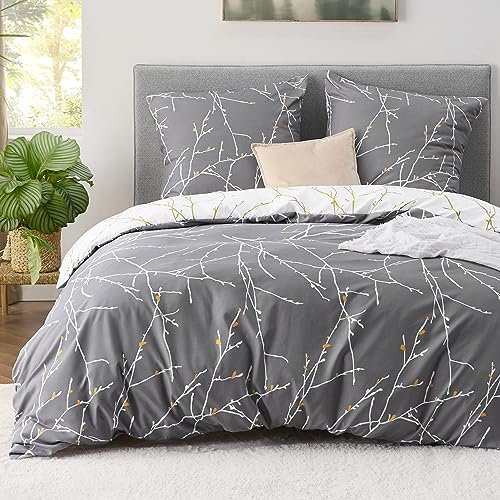 BEDSURE Juego de ropa de cama de 3 piezas, 220 x 240 cm, 220 x 240 cm, con 2 fundas de almohada de 80 x 80 cm, con ramas de color gris Oeko-Tex, con cremallera