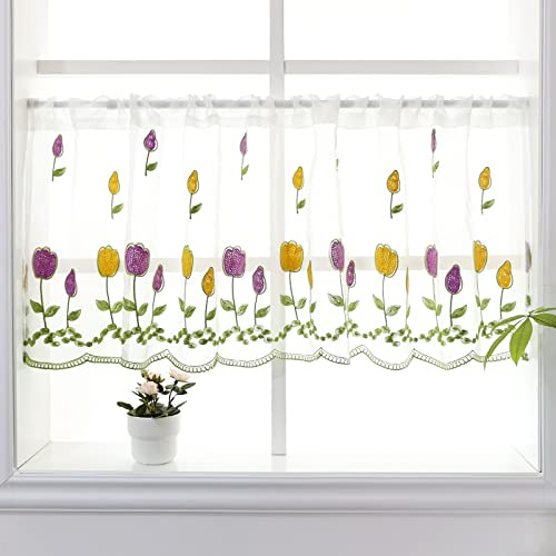 ArtisticHome Lace Short Kitchen Curtain Valance, Light Filtering Valance for Kitchen Windows Living Room 19 Inch, Rod Pocket Cafe Short Curtain with Tulip Embroidered, 50x150cm
