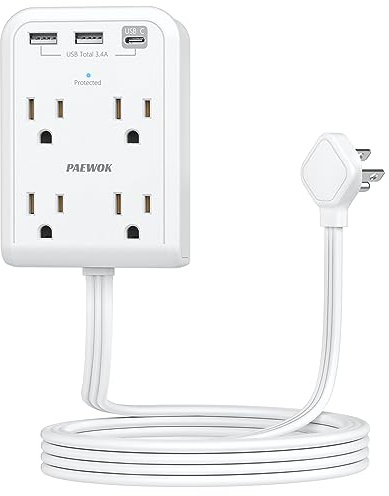 Surge Protector Power Strip, Outlet Extender Stick with USB C Ports, 4 Outlet 3 USB, Extension Cord Flat Wall Plug 6 FT, Home Office Dorm Room Essentials, White