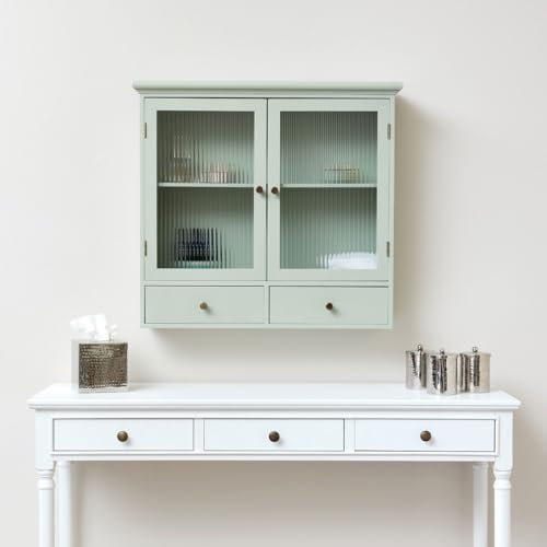 Melody Maison Sage Green Reeded Glass Wall Cabinet with Drawers