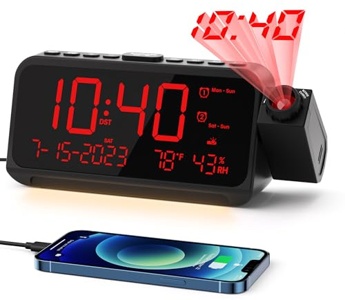 ROCAM Projection Clock for Bedroom, Digital Clock with 180° Projector on Ceiling with 5-Level Dimmer, Dual Loud Alarm Clock with Weekend/Weekday Mode, Date, Temp, Humidity, Night Light, Snooze