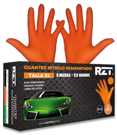 RZ TOOLS Guantes de Nitrilo Desechables Naranja | Guantes Extra Gruesos con Textura Diamante | Guantes para Taller y Montaje de Alta Resistencia Desechables | Tamaño S, L, M y XL (150, XL)